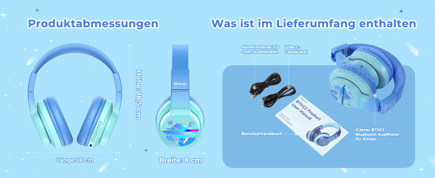 iClever Бездротові навушники для дітей з LED-підсвіткою, Bluetooth 5.2, мікрофон, BTH12 (градієнт синього)