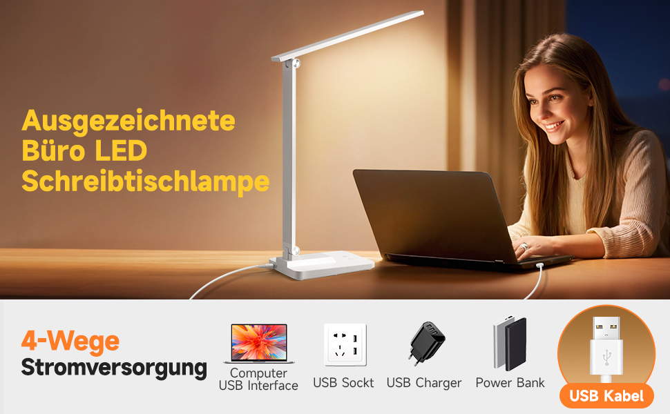 LED настільна лампа для письмового столу з 15 режимами денного світла, 1000LM, регульована яскравість, для дому та офісу