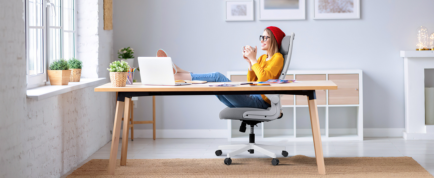 Ергономічне крісло для офісу з регульованою підголовником, сітчасте крісло для столу, відкидні підлокітники, широке сидіння, функція гойдання, комп'ютерне крісло EN 1335, офісне крісло 200 KG, сіре