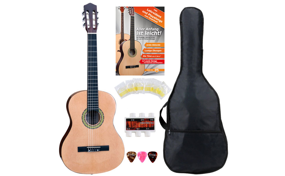 Класична гітара Cantabile AS-861 7/8 розміру, стартовий набір (для дітей 10-13 років), з сумкою, струнами, нотами, медіатором, тюнером, натуральний колір