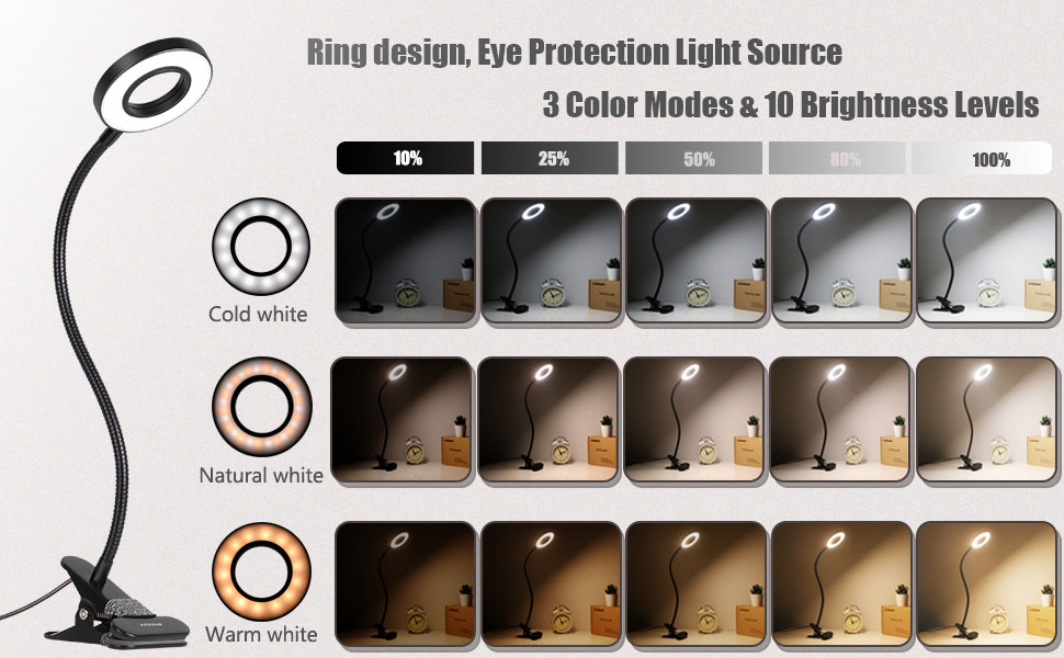 LED приліжкова лампа з кліпсою для ліжка, спальні, офісу, димується, 3 режими + 10 рівнів яскравості, гнучка, 8W, срібляста (чорна)