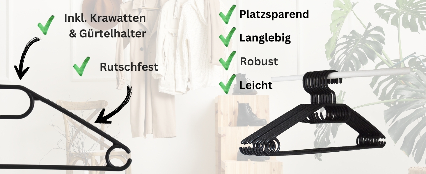 50 Плечиків для одягу з обертовими гачками на 360 градусів, перероблений пластик, чорного кольору, нековзні, економія місця, Made in EU, HLKauf-Block