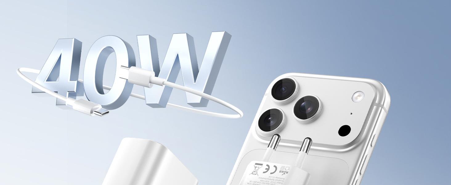 Зарядний пристрій USB-C 40W 2Port для iPhone 17 Pro Max/Pro/15 Plus, iPad Pro/Air, кабель 2м Orange