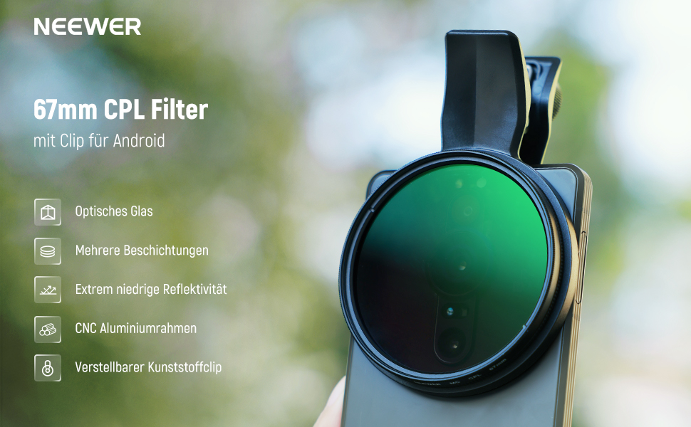 NEEWER 67mm Кріплення для CPL фільтра для смартфонів: циркулярний поляризаційний фільтр для об'єктивів камери, фотографія, сумісний з Android, Samsung Galaxy S25 Ultra, Google Pixel, Huawei, Xiaomi