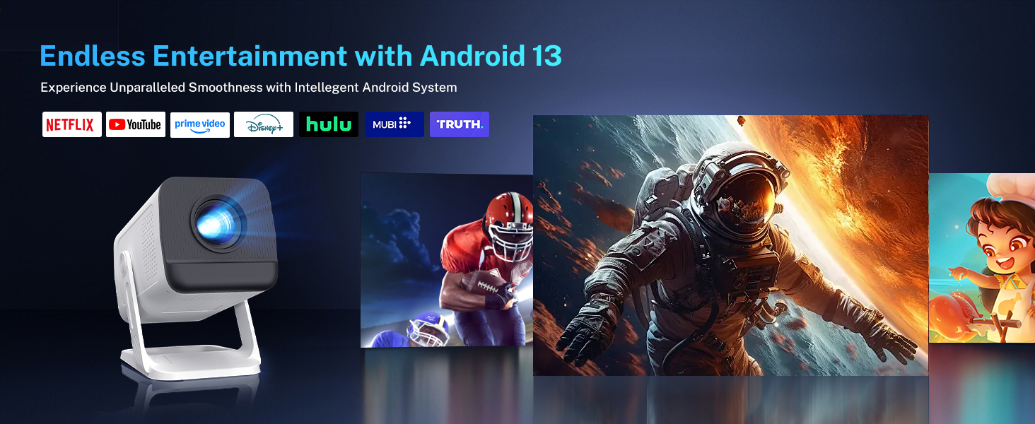 Проектор Mini Beamer 1080P/4K з Android 13 OS, WiFi 6, Bluetooth 5.4, підтримкою Netflix та Google CTS, HDMI, USB, iOS, LYNCAST N300 White