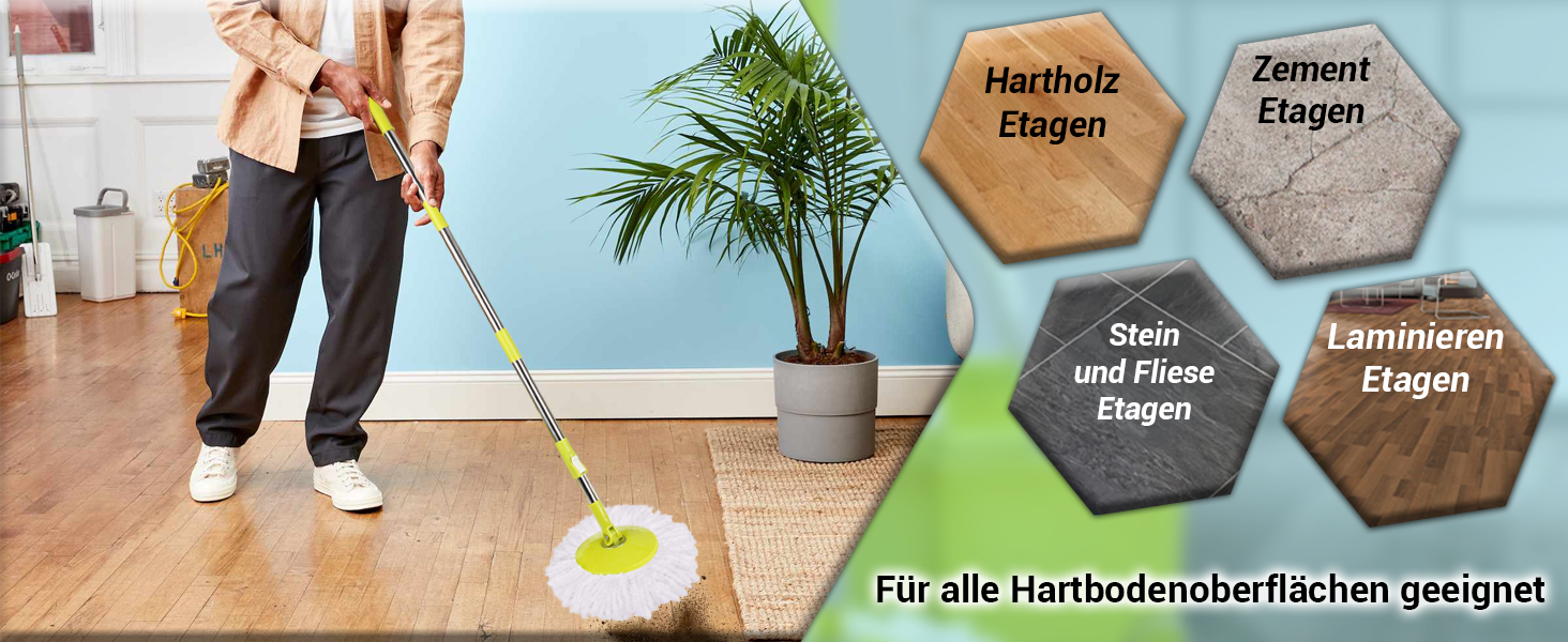Набір для миття підлоги ARSUK з відром та механічним віджимом – набір для прибирання будинку | Відро для миття підлоги з мікрофіброю та 360° обертанням – ідеально для паркету, плитки та ламінату | 4 змінні насадки та утримувач для швабри з ароматом лимона
