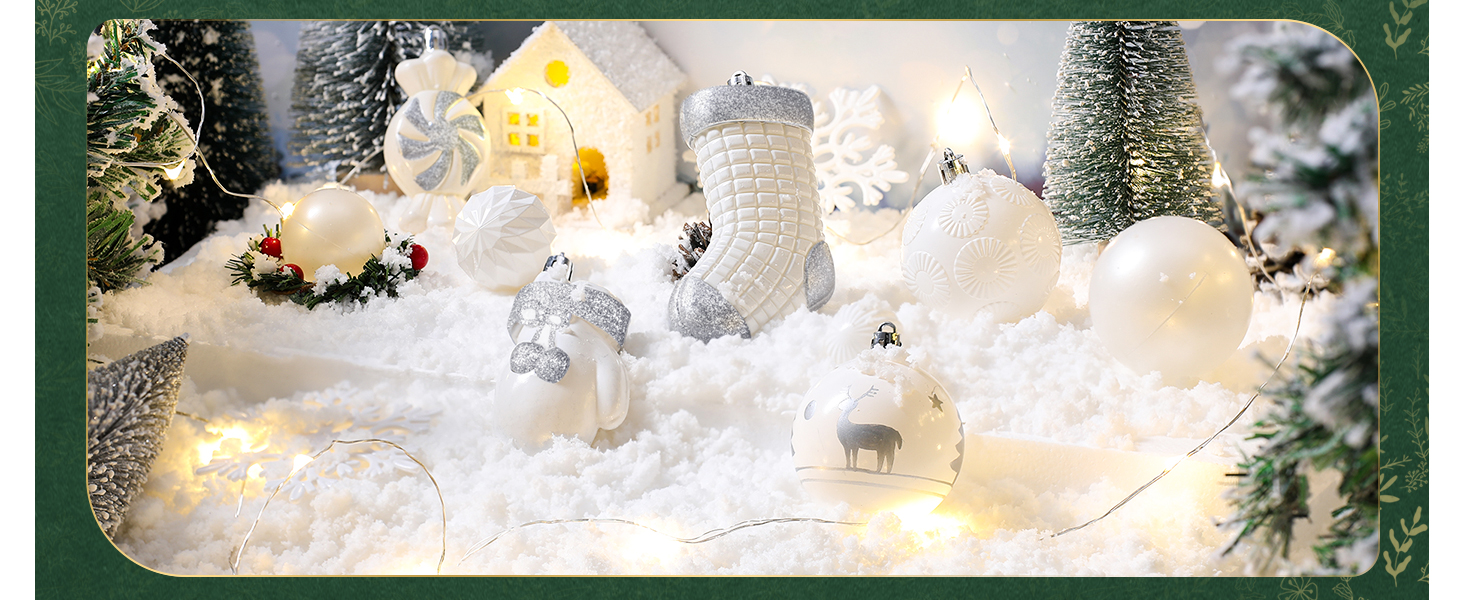 Набір ялинкових прикрас SOLEDI® 128 шт. Преміум якість, пластикові кулі білого кольору з зіркою на верхівку. Міцний та безпечний набір прикрас з петельками. Різнокольорові ялинкові кулі, багаторазовий декор для Різдва.