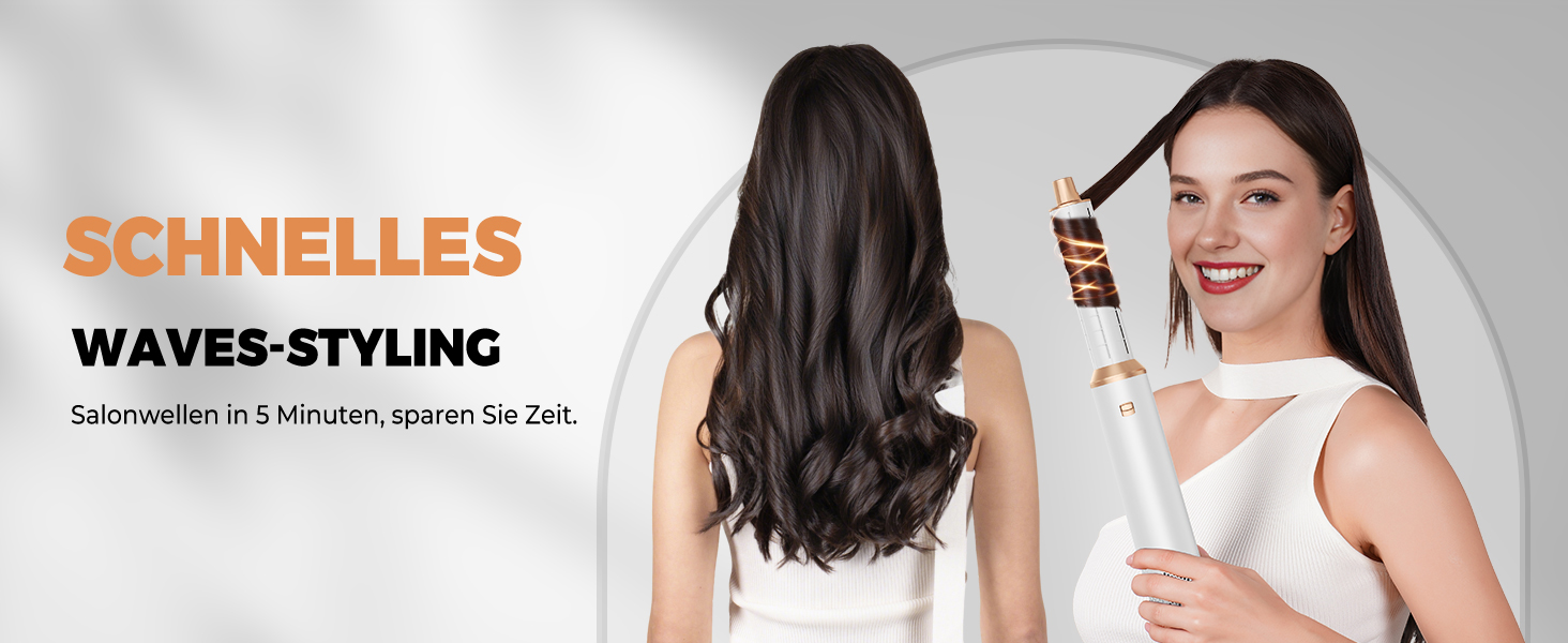 OKWRAP Hairstyler 5 в 1: Набір для укладки волосся, фен з іонами, автоматична плойка, термощітка, випрямляч. Ідеально для випрямлення, сушіння, створення об'єму та локонів. Білий, золотий.