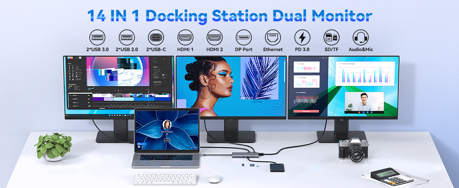 Док-станція USB-C для ноутбука 14-в-1: 2xHDMI 4K, DP, Ethernet, 4xUSB, 100W PD, SD/TF, Audio/Mic. Підтримка Dell, HP, Lenovo та інших ноутбуків.