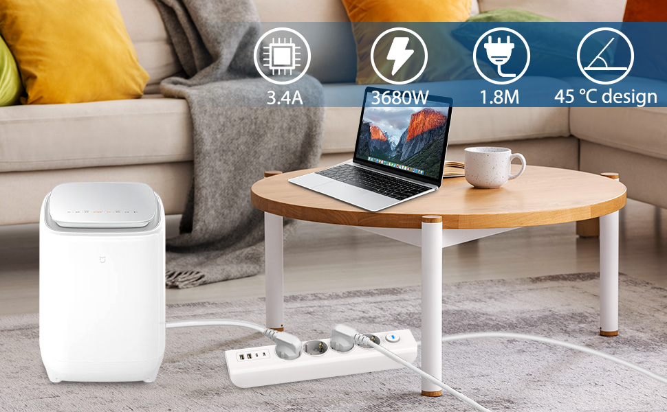 Мережевий фільтр Steckdose 8 в 1 з USB, 3680W з вимикачем, 16A з 2 USB-C, для смартфонів, ноутбуків, iPad, білий кабель 1.8м