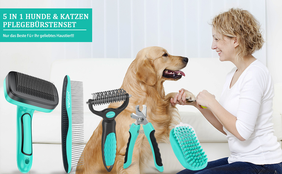 Щітка для собак і котів, самоочисна, для вичісування підшерстка та відмерлого волосся, ідеальна для довгошерстих та короткошерстих порід, делікатна до шкіри, зменшує випадіння шерсті, синя (зелена - набір 5 в 1)
