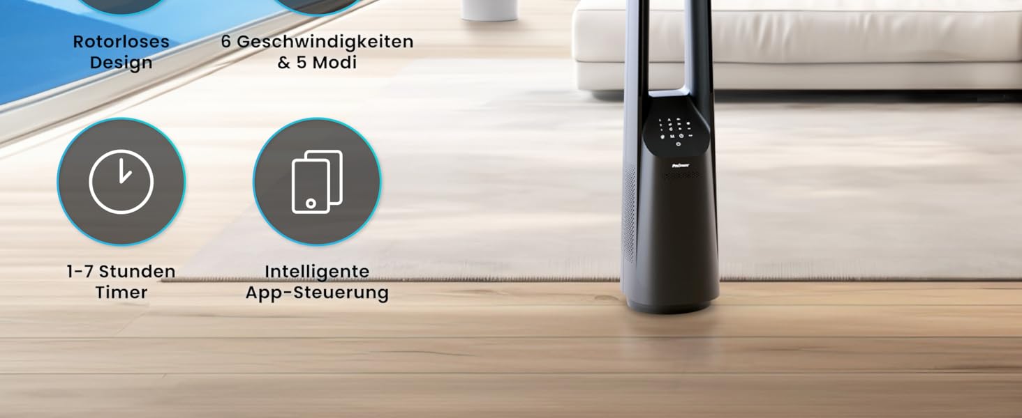 Вентилятор Pro Breeze 101см з ротором, Smart Home, Wi-Fi, LED дисплей, 6 швидкостей, тихий, 5 режимів, осциляція 60°, таймер 7год, чорний