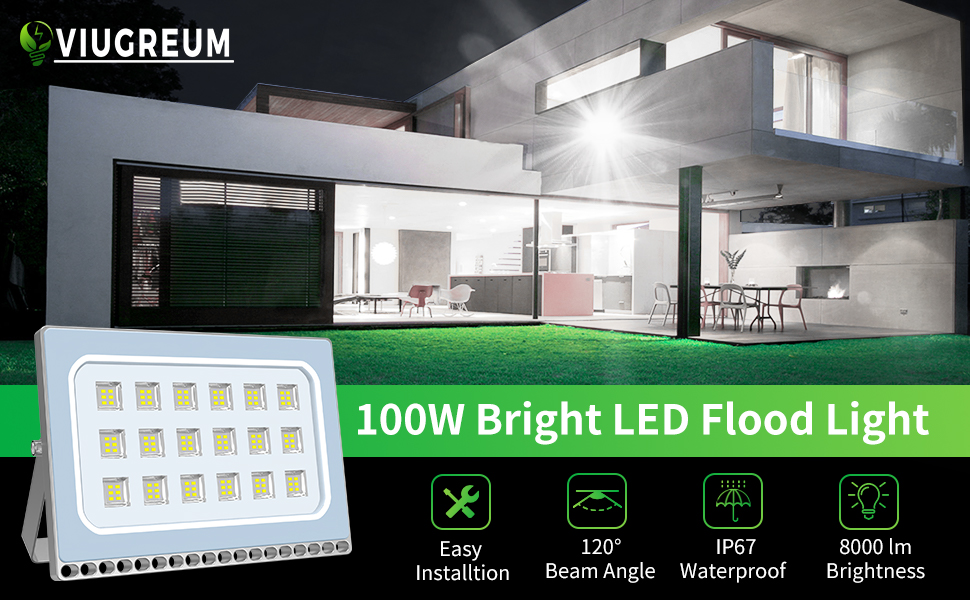 Світлодіодний прожектор Viugreum 100W, 40000 лм, 6500K, IP67, для вулиці, холодне біле світло, надяскравий, для саду