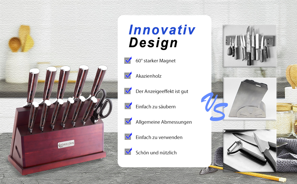 Набір кухонних ножів Hoablorn 15 предметів з блоком: високоякісний набір ножів з дерев'яним блоком, ідеальний для дому та як подарунок