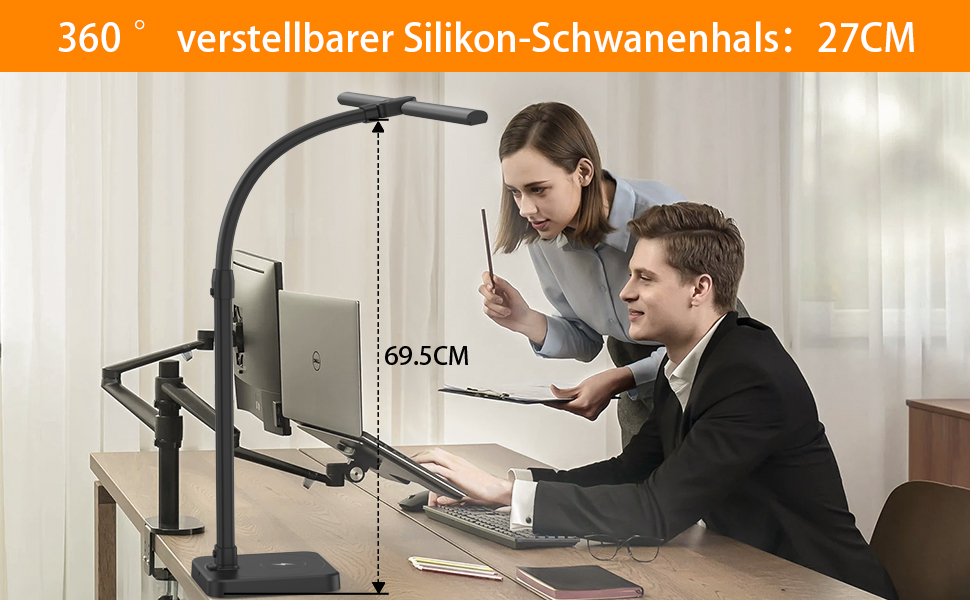 Tantu Adjustable LED Desk Lamp with Dual Heads - 24W, 80cm, 5 Color & 5 Brightness Levels, Gooseneck & Base - Black Office Lamp