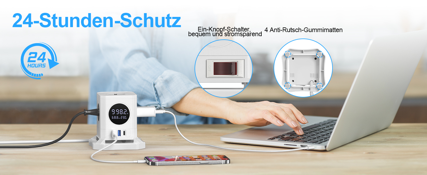 Багатофункціональний USB-хаб FDTEK з 1 USB-C та 2 USB-A, 7 розеток, LCD-дисплей, 1.8м кабель, 2500W/10A, білий