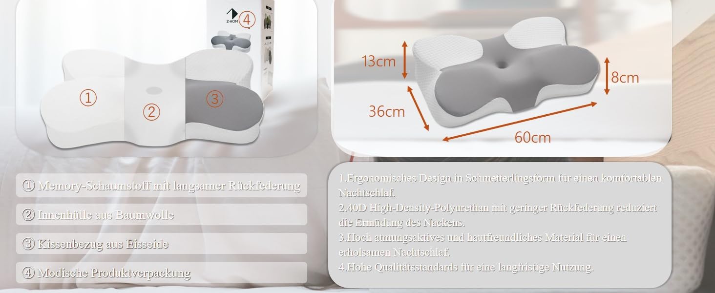 Подушка для шиї Z-hom, подушка для голови з Memory Foam, ергономічна подушка для шиї, подушка для тих, хто спить на боці, на спині та животі, ергономічна подушка для сну на боці 60 x 36 x 13/8 см