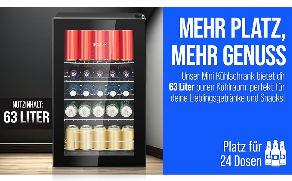Холодильник для напоїв Bomann® KSG 7287, 63 літри, регулювання температури +3–10°C, з дверцятами зі скла, 4 полиці та LED-підсвічуванням, тихий, енергоефективний, компактний, для пляшок та банок, модель 2024