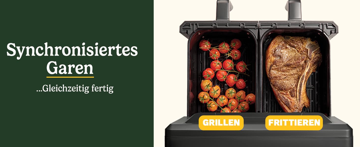 Фритюрниця Cuisinart XXL 10.4L з двома зонами, без PFAS та хімікатів, для смаження, гриля, випікання, дегідратації та підтримання тепла, 2 камери (2 x 5.2L), 8+ порцій, знімні деталі придатні для миття в посудомийній машині, чорний колір
