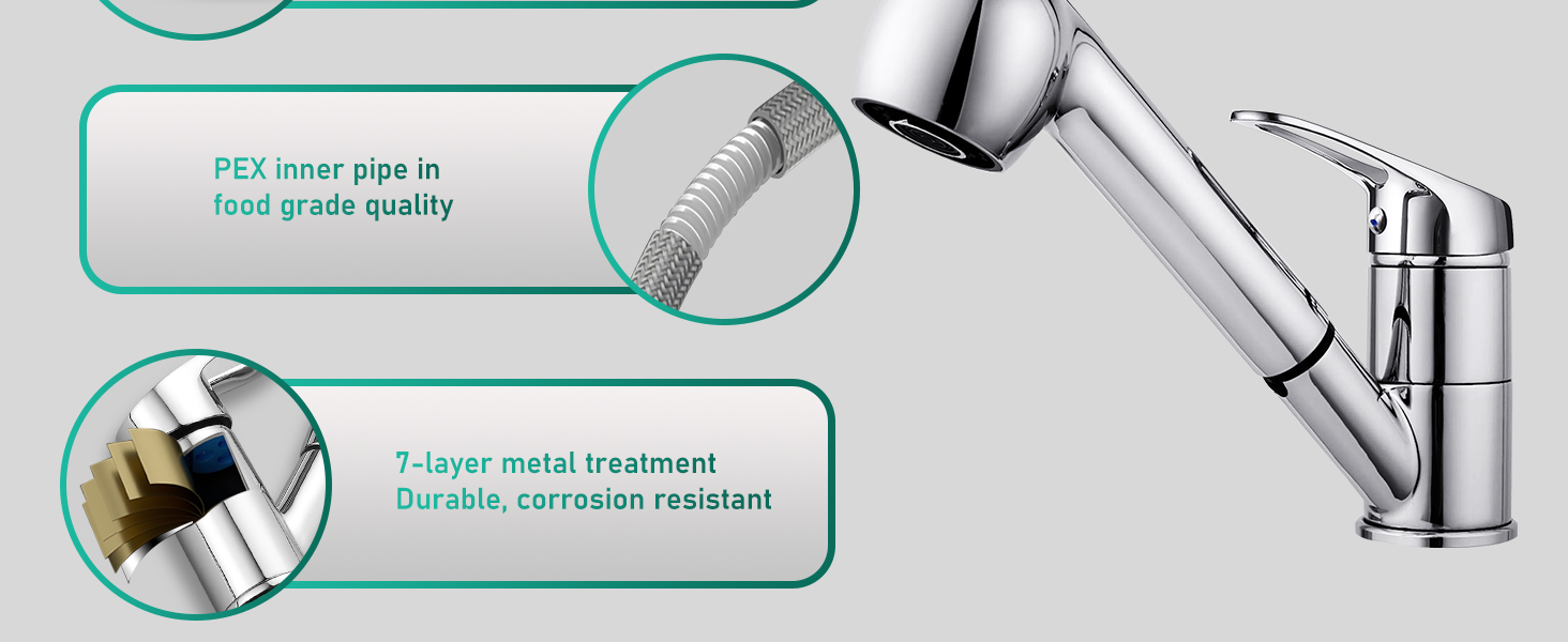 Змішувач кухонний висувний BONADE з подвійною виливом, поворотний на 360°, для кухні, з однією ручкою, хром