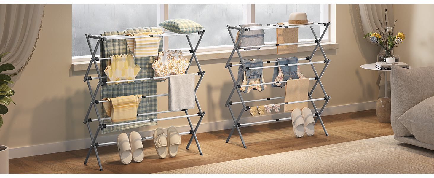 Складаний сушильник для білизни з 11 перекладинами, 3-ярусний, сірий та білий
