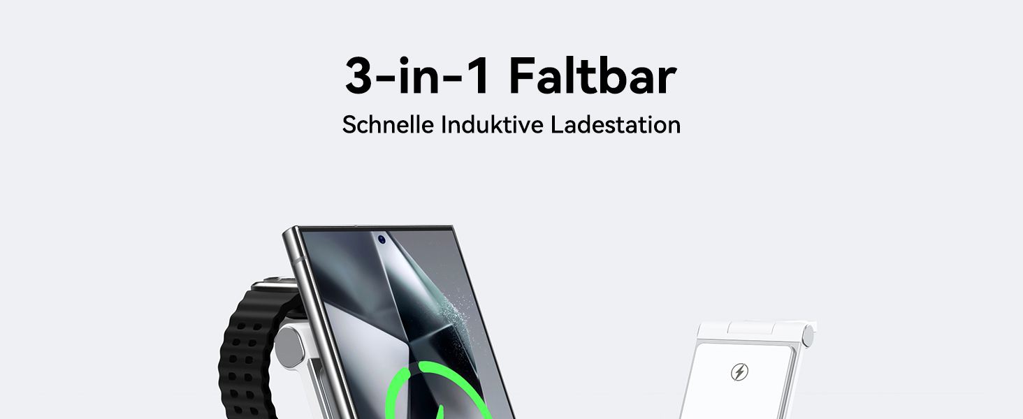 База для бездротової зарядки 3-в-1 для Samsung Galaxy (S25, S24, S23, S22, S21, S20, Z Flip, Z Fold) та Galaxy Watch/Buds, 20W, біла