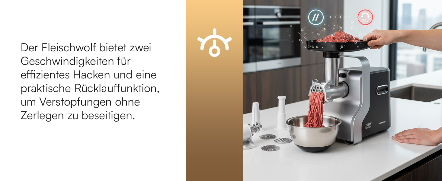 М'ясорубка електрична MG-2100BKSL 2100 Вт, нержавіюча сталь, чорно-срібна - 1.8 кг/хв, насадки для ковбас та томатів, реверс