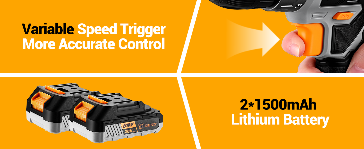 Акумуляторний шуруповерт DEKOPRO 20V 40 Nm: комплект з 2 акумуляторами, LED, 18+1 момент, для дому та DIY, сірий