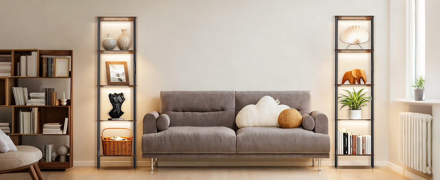 Стійка лампа з полицею, LED, регулювання яскравості, 3 колірні температури, сенсорне та дистанційне керування, полиця для книг, дерев'яна стійка, сучасний дизайн для вітальні, спальні, офісу (Rustic Brown)