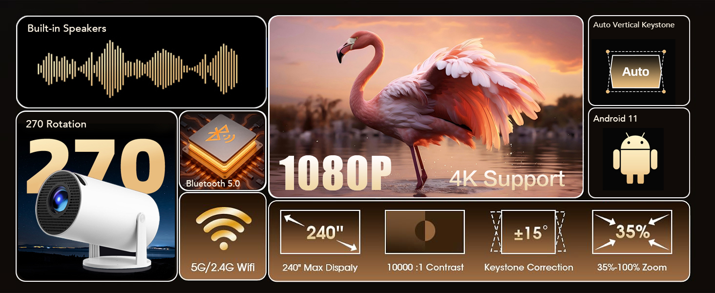 Портативний проєктор 4K, 1080P FHD Mini проєктор, сумісний з Android та Netflix, WiFi 6, BT 5.0, поворот на 180°, автоматична корекція трапецеїдальних спотворень