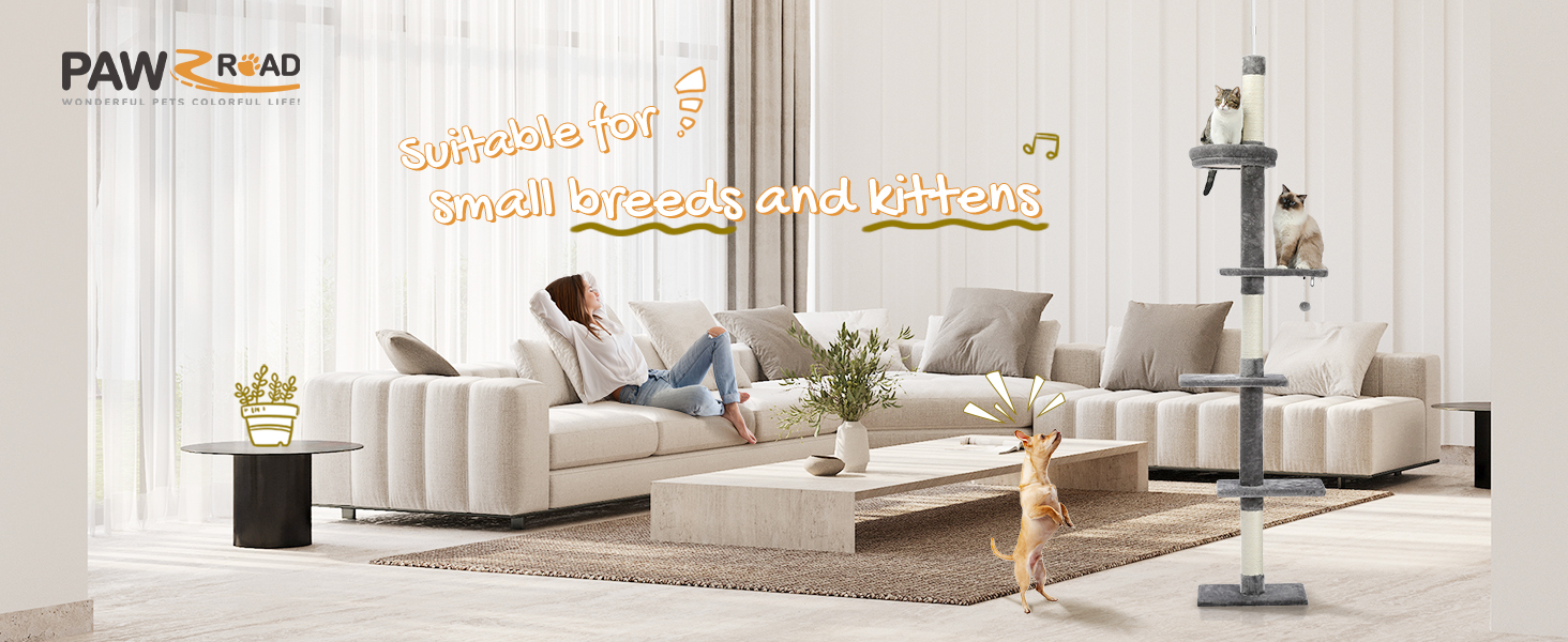 Комплекс для котів PAWZ Road, 5-ярусний, від підлоги до стелі, регульована висота, багатофункціональний: кігтеточка, ліжко, іграшка-кулька (сірий)