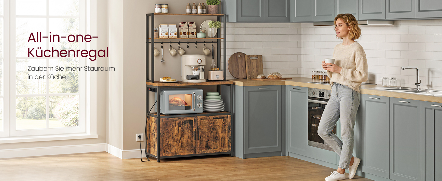 Стелаж кухонний VASAGLE з розетками, 90 см, 40x60x170 см, вінтажний коричневий + чорний, 8 гачків, KKS058K02