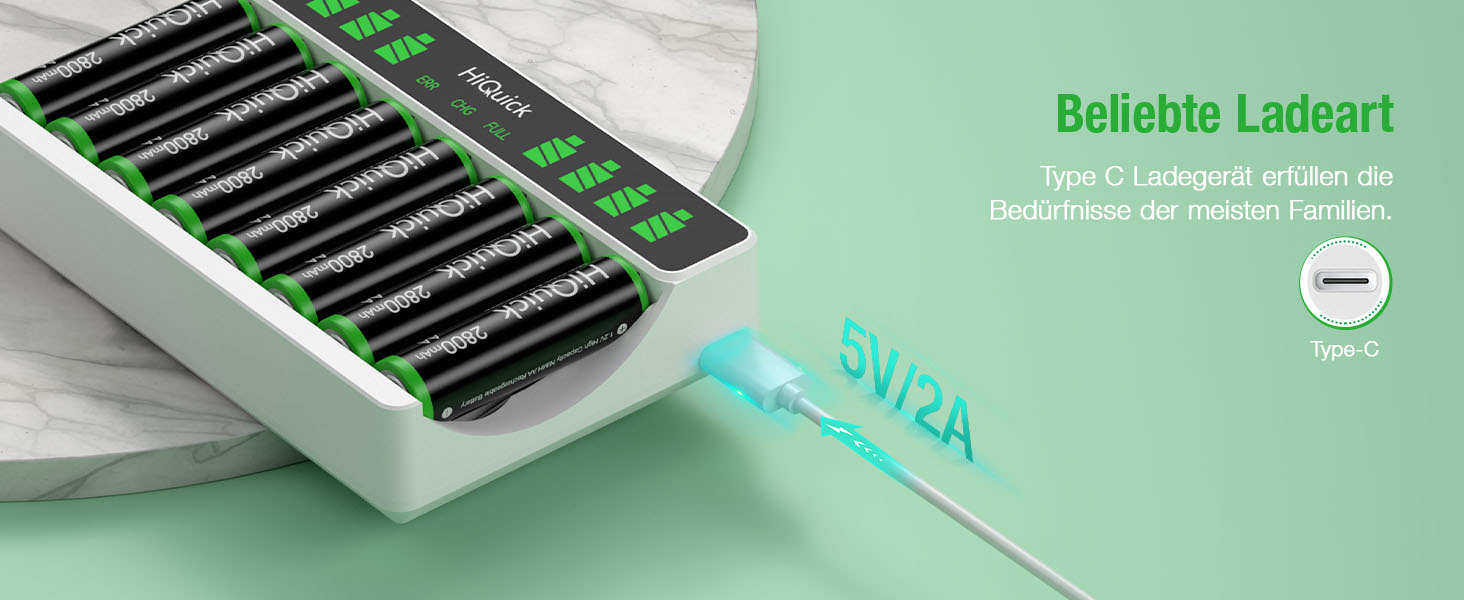 Зарядний пристрій HiQuick для акумуляторів AA з 8 шт. акумуляторів, зарядка для Mignon AA, Micro AA NI-MH/NI-CD, 8 слотів, LCD дисплей + 8 AA акумуляторів