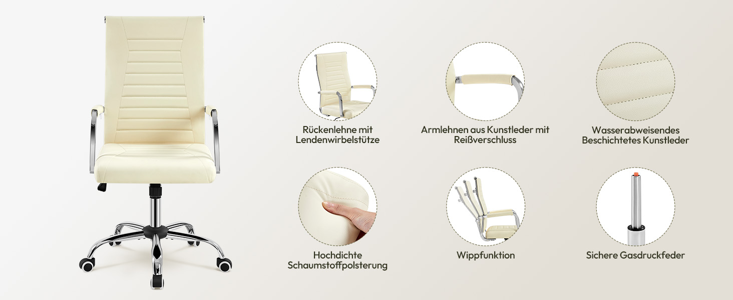 Офісне крісло Yaheetech з підлокітниками, ергономічне, для офісу, комп'ютерне, для начальника, висока спинка, з функцією гойдання, до 136 кг, бежеве