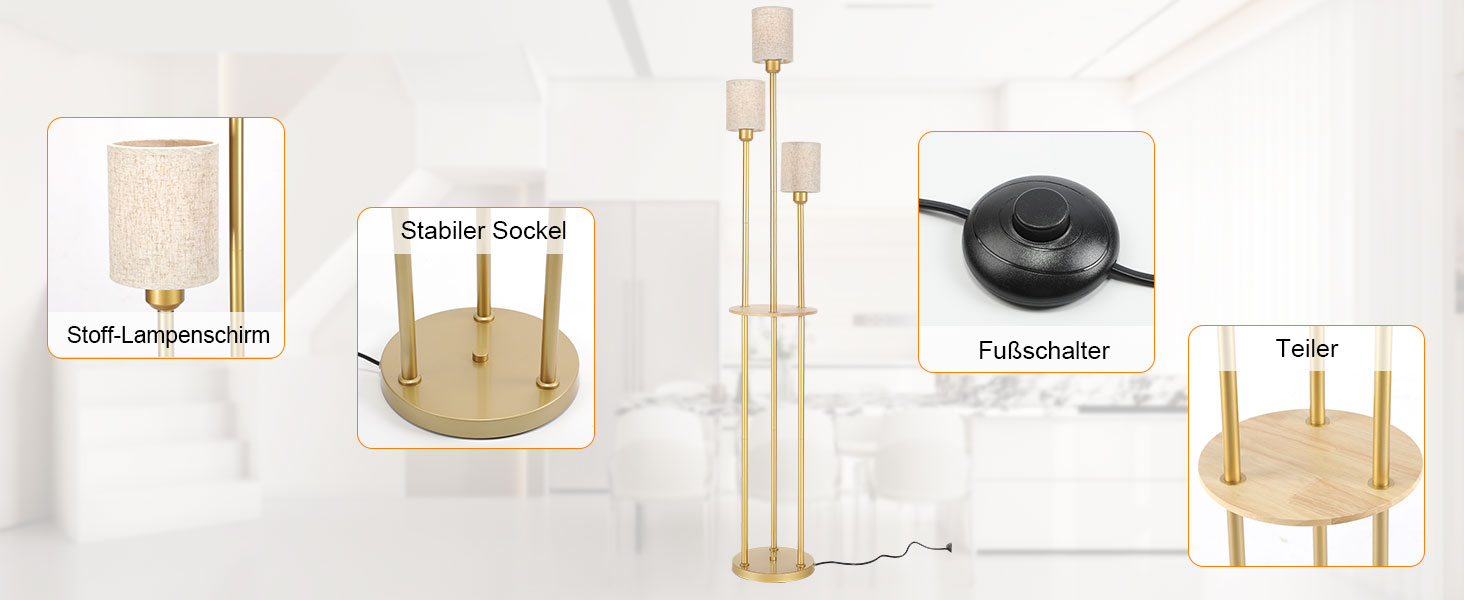 Стійка лампа Winverty для вітальні з полицею, 3 лампи, вінтажний стиль, індустріальний дизайн, E27, вимикач на нозі, абажур з льону, 1.66 м (золота)