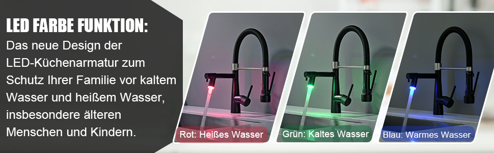 LED кухонний змішувач з спіральною пружиною, поворотний на 360°, з двома виливами, висувний, для кухні, з душем, високий тиск, з матовим нікелем