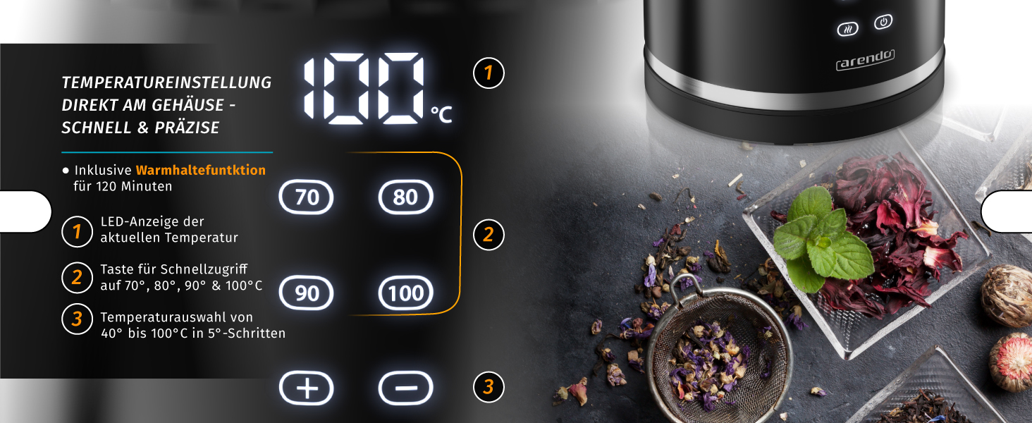 Електричний чайник Arendo з регулюванням температури, нержавіюча сталь, подвійні стінки Cool Touch, дисплей, бездротовий, 2200 Вт, 1,7 л, захист від перегріву, функція підтримання тепла, чорний