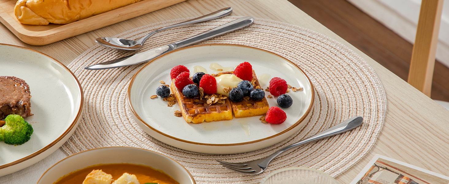 Набір посуду на 6 осіб Vancasso RENO 24 шт. з каменю, сучасний сервіз: тарілки для їжі, супу, десерту, миски. Підходить для миття в посудомийній машині та використання в мікрохвильовій печі. (Бежевий, 36 шт.)