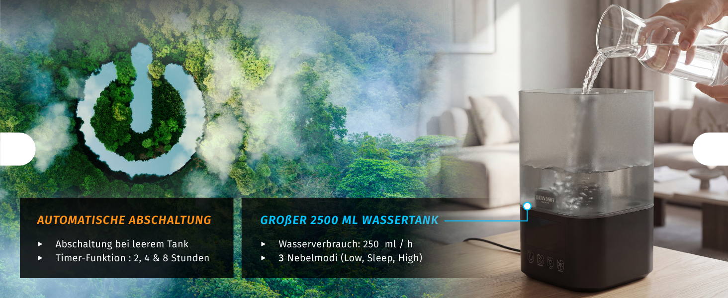 Зволожувач повітря Brandson 2.5л з керуванням від пульта, LED-підсвічуванням RGB та тихим мотором 30dB - для спальні, дитячої, вітальні