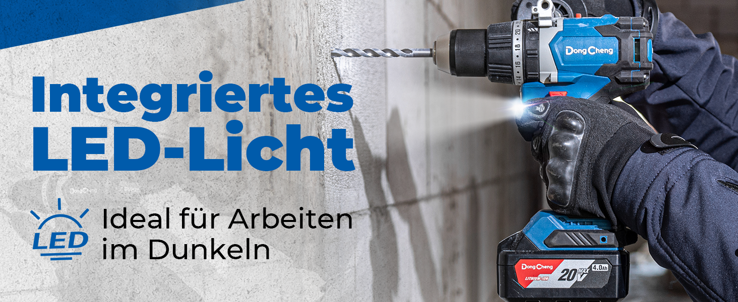 Акумуляторний ударний дриль-шуруповерт DongCheng 18V (2x2.0 Ah), 20+1+1 ступенів моменту, 13 мм патрон, 19-ти частинний набір з аксесуарами (120Nm)