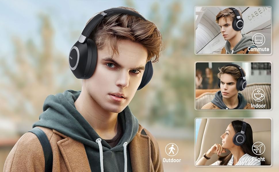 Бездротові навушники LORELEI B-C6 Over-Ear з Bluetooth, 50 годин роботи, складні, легкі, з глибокими басами, мікрофоном та амбушюрами з Memory Foam (Бежево-білий, Space Black)