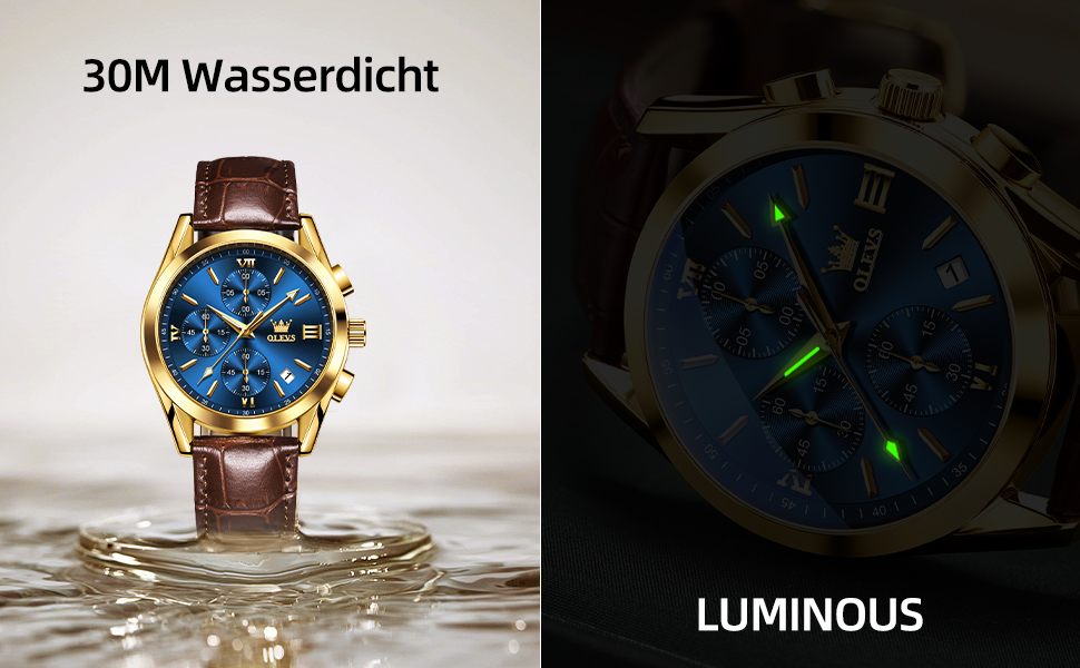 Чоловічий годинник OLEVS Vintage з шкіряним ремінцем, велике циферблат, водостійкий, аналоговий годинник з датою (2872, блакитний циферблат/коричневий ремінець)