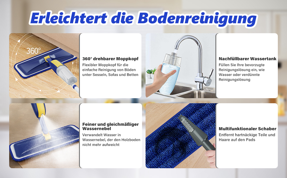 Швабра з розпилювачем MANGOTIME - швабра з розпилювачем, моп для підлоги з баком для води та 3 насадки для швидкого прибирання паркету, мармуру, дерева, ламінату (жовта)