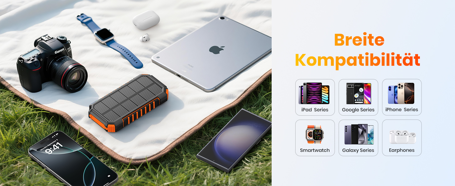 Сонячний Power Bank 27000mAh 15W з LED-ліхтариком та 5 виходами – зарядний пристрій для iPhone/Android (Orange)