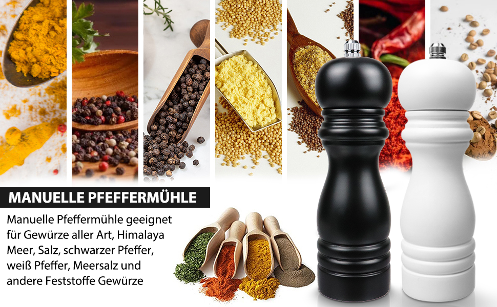 Набір з 2 мельниць для солі та перцю (соль, перець, чилі) - ручні, дерев'яні, з регулюванням помелу, класичний дизайн, чорний та білий