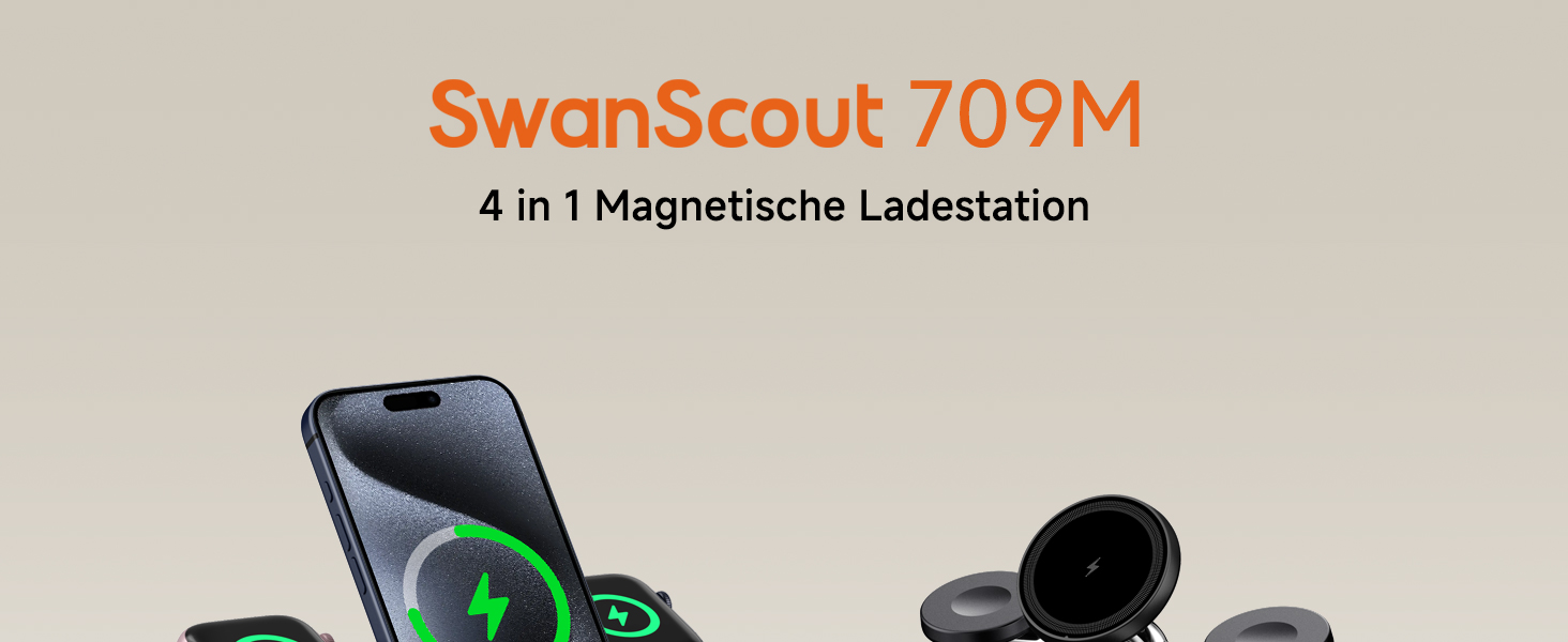Зарядний пристрій SwanScout 709M Black: Двопортова зарядка для Apple Watch та iPhone (11/Ultra 3/SE 3, Air/17 Pro Max/17 Pro/17/16/15/14)