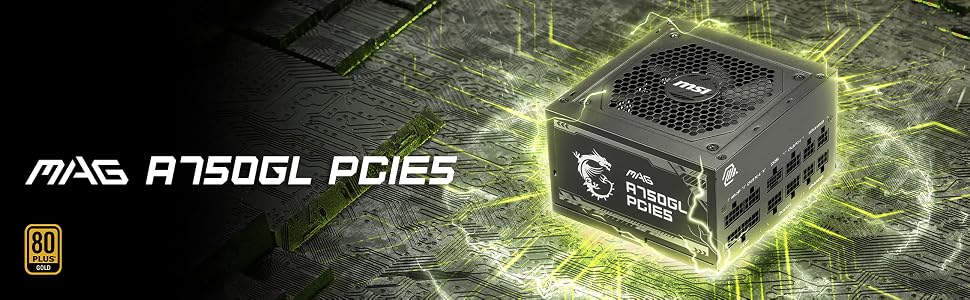 Блок живлення MSI MAG A750GL PCIE5 750W, 80 Plus Gold, повністю модульний, ATX 3.0, підтримка PCIe 5.0, 120мм FDB вентилятор, чорний