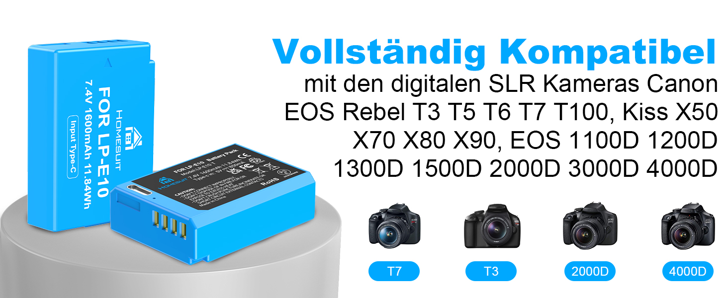 Акумулятор Homesuit LP-E10 1600mAh та LED-зарядний пристрій для Canon EOS 1100D, 1200D, 1300D, 2000D, Rebel T3, T5, T6, T7, Kiss X50, Kiss X70 (2 шт.)