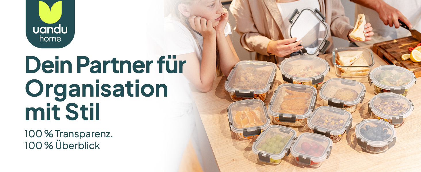 Набір контейнерів для їжі Uandu з кришкою (10 шт.) – контейнери для зберігання їжі з скла, BPA-free, придатні для миття в посудомийній машині, мікрохвильовій печі та морозильній камері, антрацит