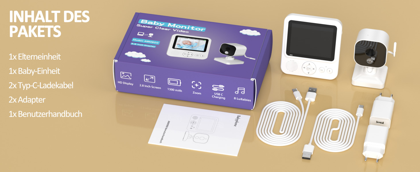 Дитячий відеоняня OBVHNUA з камерою 720p IPS, 2.8' екраном, акумулятором 2000mAh, цифровим зумом, функцією VOX, двостороннім аудіо, нічним баченням, контролем температури та колисковою